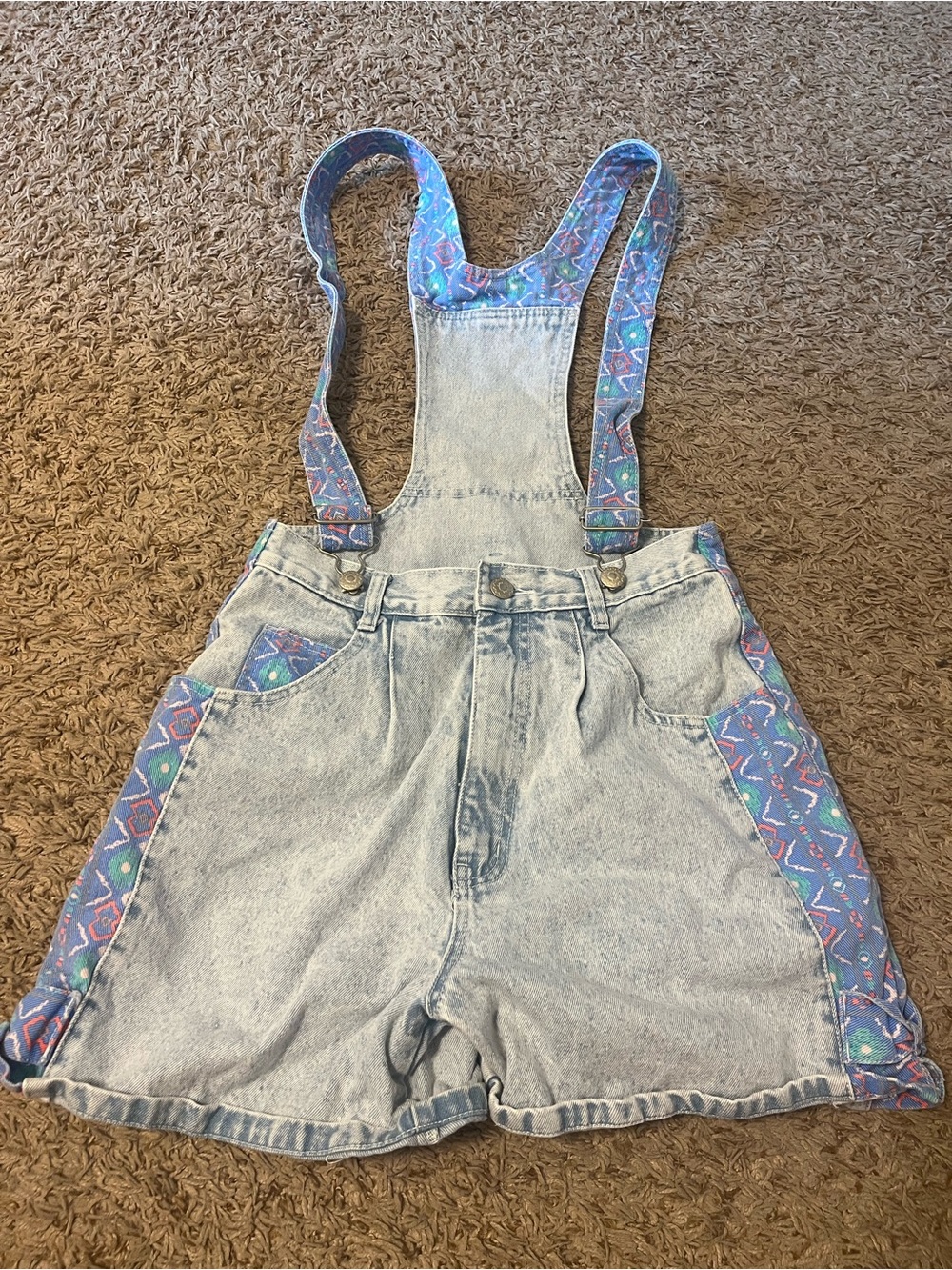 Retro Light Wash Denim Short Overalls with Blue Patterned Trim